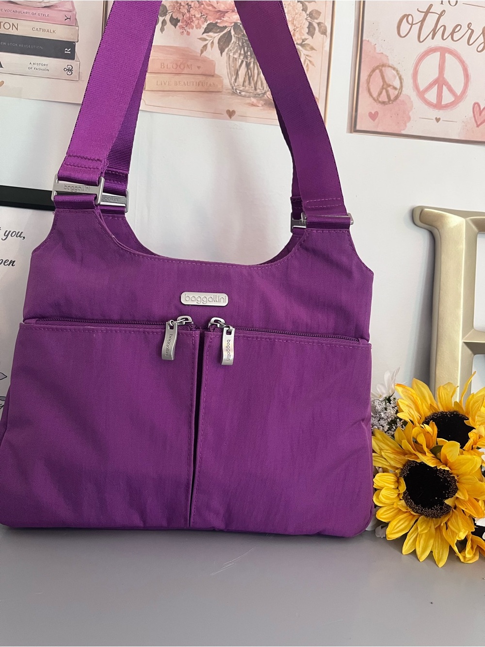 Baggallini Purple Nylon Multi Pocket Shoulder Tote Bag